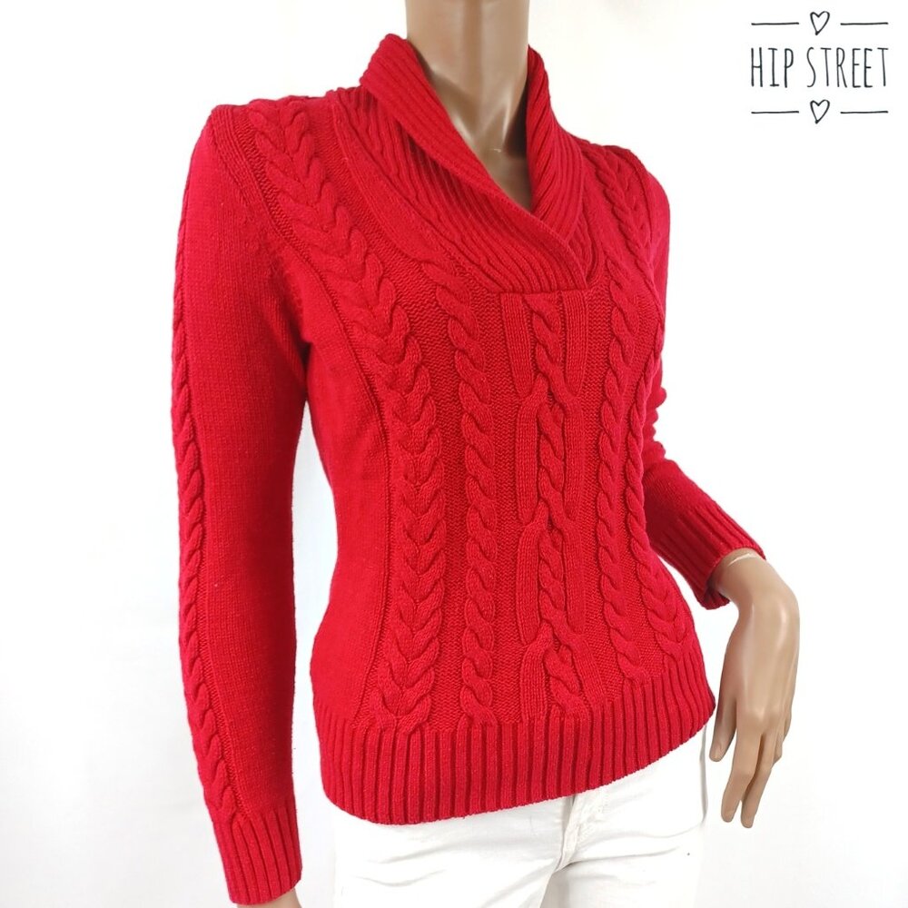 CHAPS LS Shawl Neck Pull Over Cable Knit Cotton Blend Sweater M
